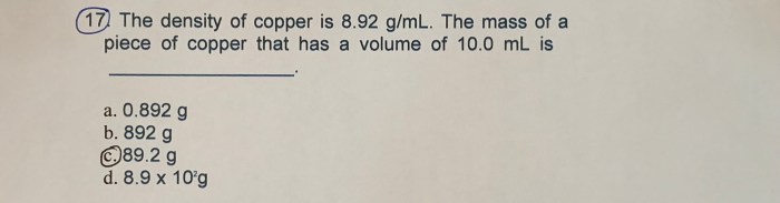 The density of copper is 8.96 g/cm3